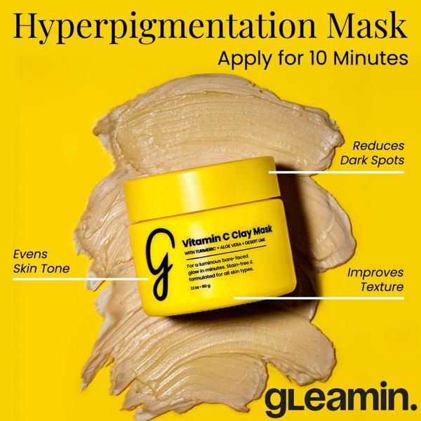 A high-contrast, minimalist ad for a Vitamin C Clay Mask that highlights three core skin benefits using clear, informative callouts against a vibrant yellow background.